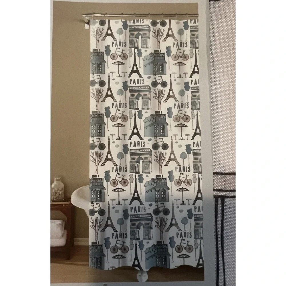 Paris Shower Curtain Eiffel Tower Inspired Surroundings 72 X 72 White Blue Gray